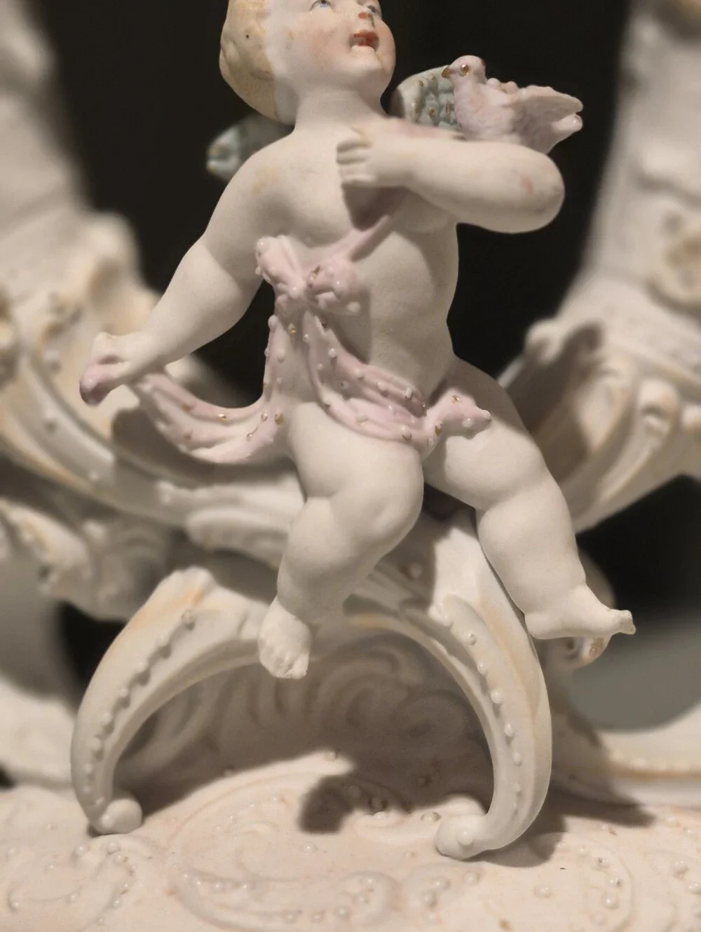 Antique German Bisque Porcelain Double Spill Vase Cherub Putti Flowers Mold 322